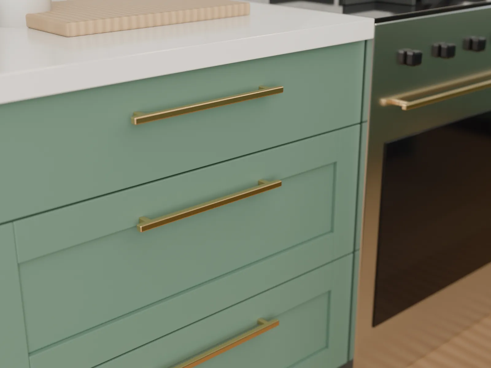 Close-up of shaker drawer fronts with brass bar pulls beside a stainless range