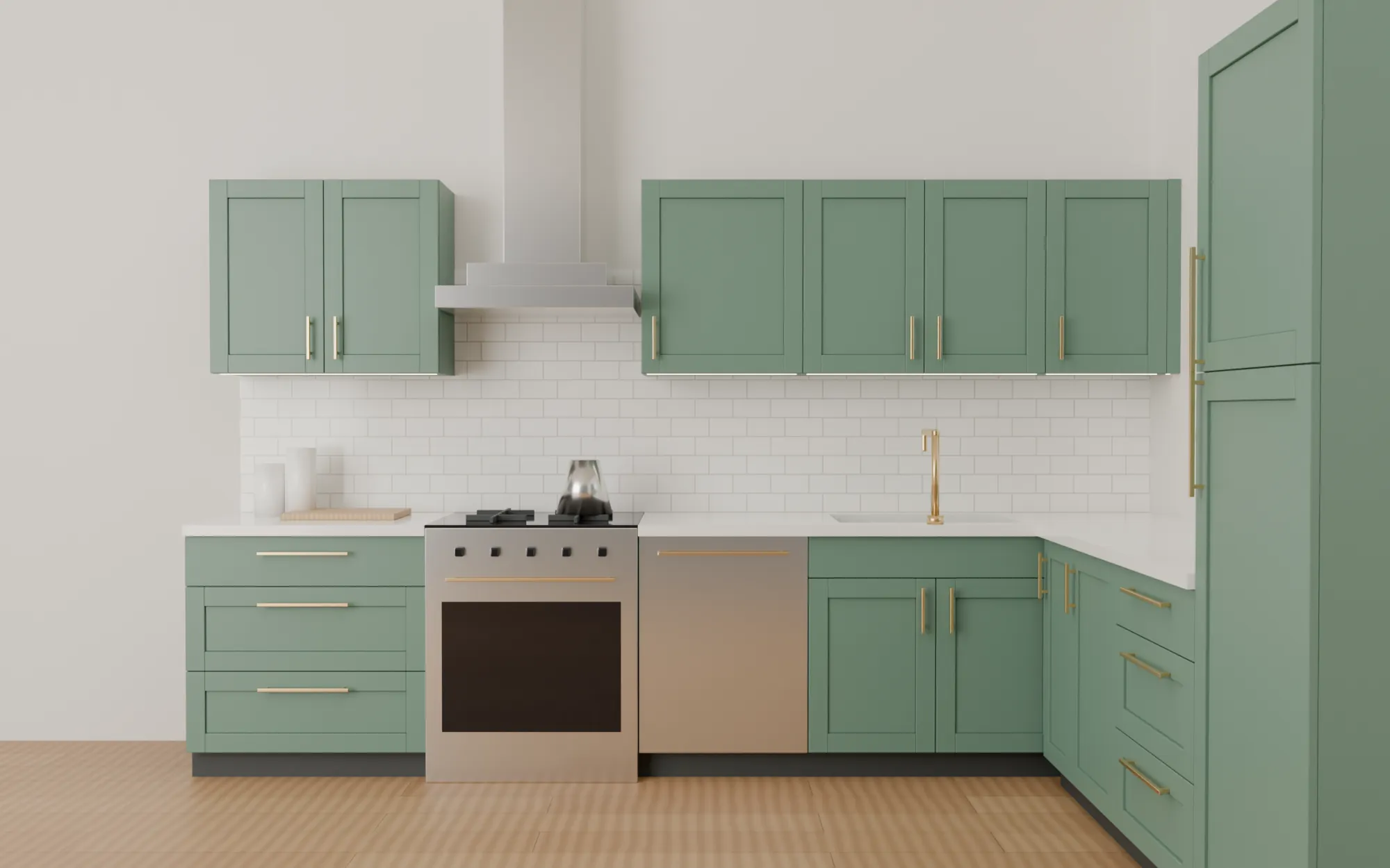 Rendered elevation of a sage green shaker kitchen run with brass pulls, subway tile backsplash, range and stainless hood