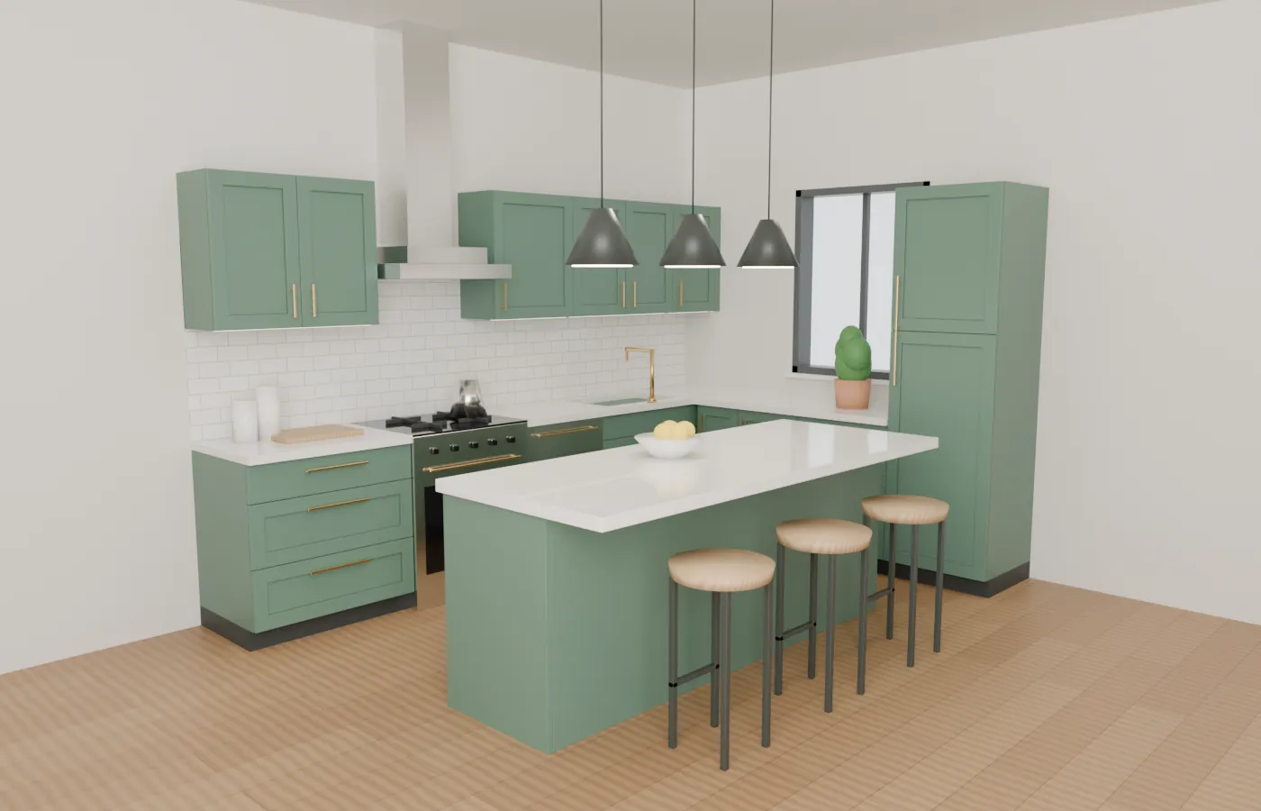 The same L-shaped kitchen with island rendered in a sage cabinet finish