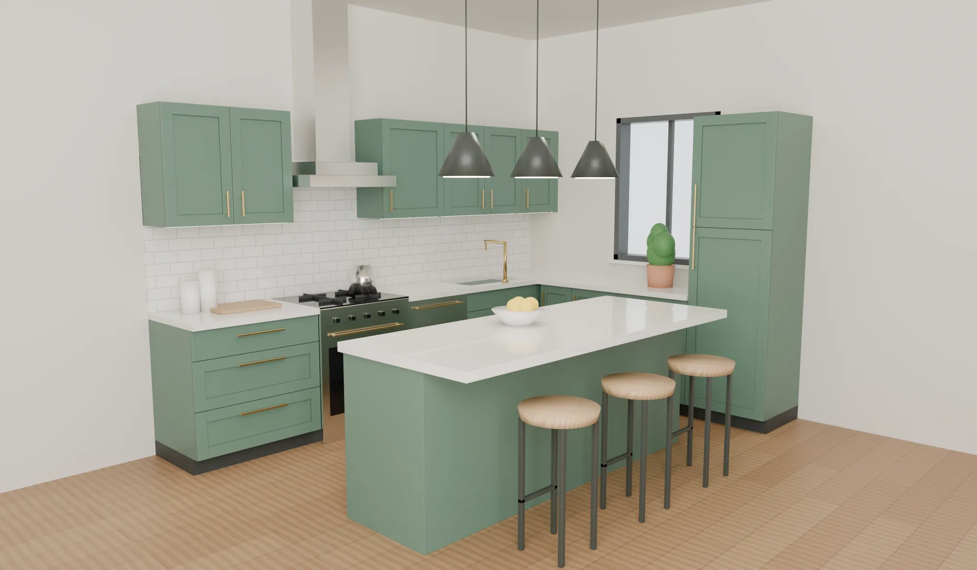 L-shaped kitchen with a central island: sage green shaker cabinets with brass pulls, quartz countertops, subway tile backsplash, stainless range and hood, and three pendant lights