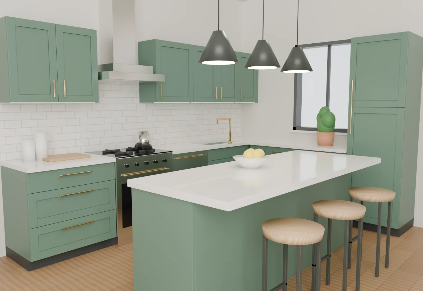 Rendered kitchen island with stools and pendant lights in front of a sage green cabinet run