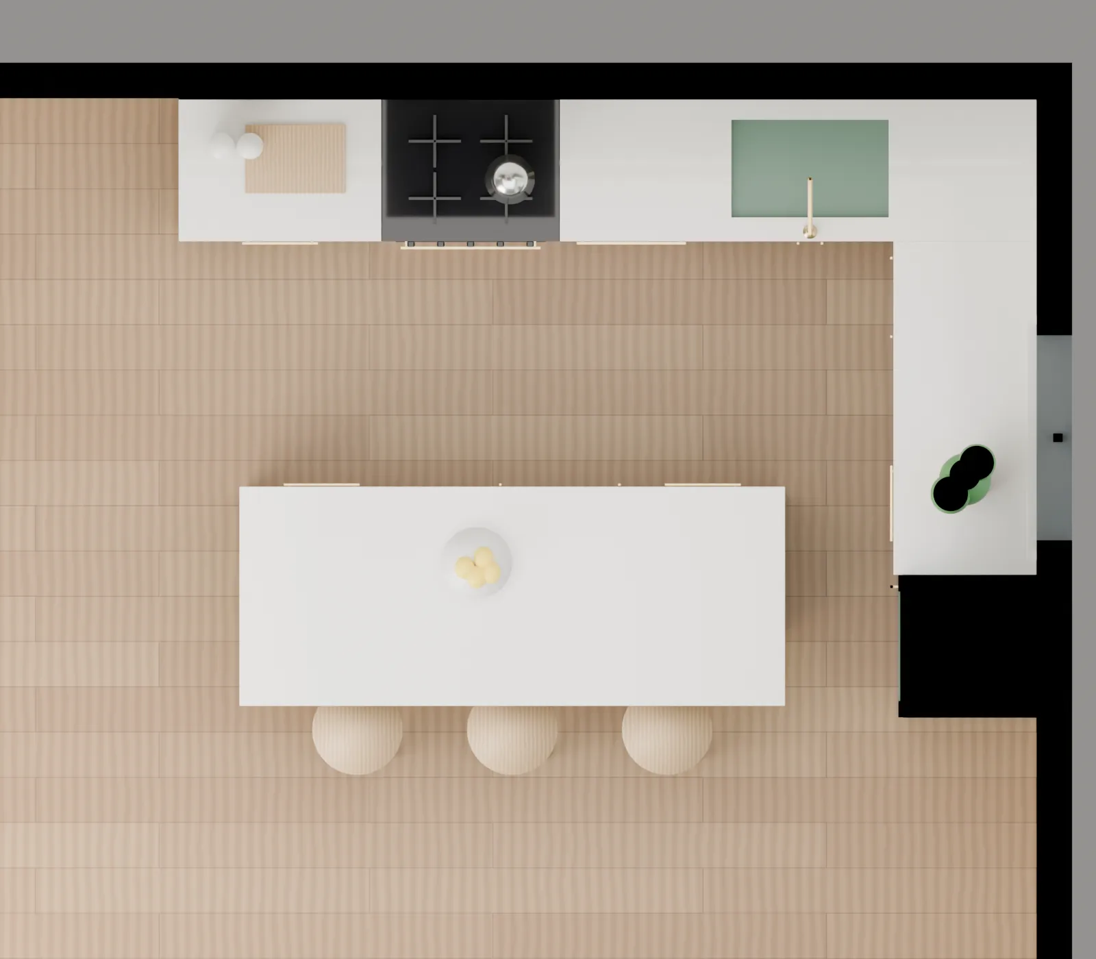 Top-down render of an L-shaped kitchen with an island, showing the room as an editable plan